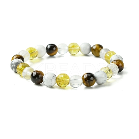 Natural Howlite & Synthetic Citrine & Natural Tiger Eye & Natural Quartz Crystal Round Beaded Stretch Bracelets BJEW-JB10910-09-1