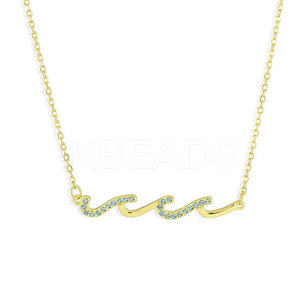 Brass Micro Pave Light Sky Blue Cubic Zirconia Wave Shaped Pendant Cable Chain Necklaces for Women NJEW-R005-01G-1