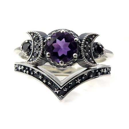 Gothic Purple Crystal Ring with Triple Moon Goddess - Black Diamond Jewelry for Women ST8475010-1
