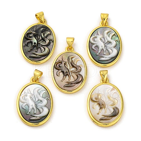 Natural Black Lip Shell Carved Nine Tailed Fox Pendants KK-D537-06G-03-1