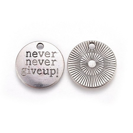 Tibetan Style Alloy Flat Round Carved Word Never Give Up Pendants TIBEP-12585-AS-NR-1