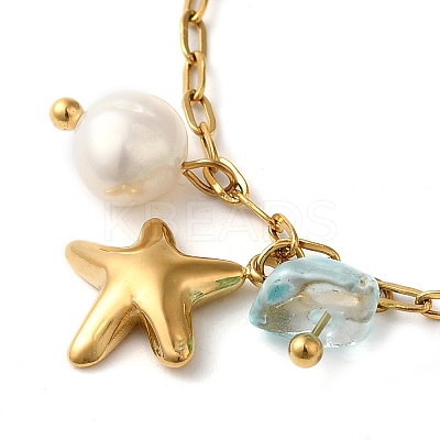 Freshwater Pearl & Glass & Beach Starfish Charm Bracelets BJEW-K237-06G-04-1