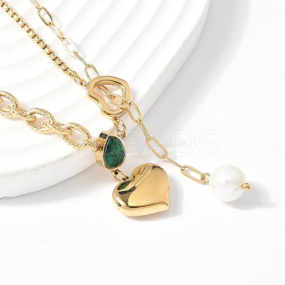 304 Stainless Steel Pave Green Cubic Zirconia Heart Pendant Necklaces for Women NJEW-U040-01A-G-1