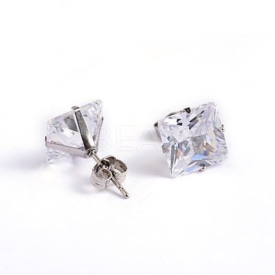 Square Cubic Zirconia Stud Earrings EJEW-H306-09P-6mm-1