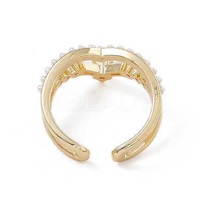 Clear Cubic Zirconia Crown Open Cuff Ring with Plastic Pearl Beaded RJEW-G276-13G-1