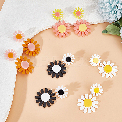 4 Pairs 4 Colors Acrylic Sunflower Dangle Stud Earrings EJEW-AN0002-99-1