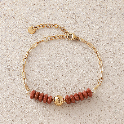 Synthetic Goldstone Hexagon Heishi Beads & 304 Stainless Steel Paperclip Chain Necklace & Bracelets for Women SG1071-3-1