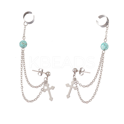 Synthetic Green Turquoise Beaded Hanging Chain Dangle Stud Earrings with Ear Cuff EJEW-TA00149-1