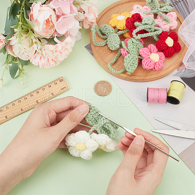 5Pcs 5 Colors Crochet Puff Flower Pendant Decorations with Adjustable Leaf DIY-FG0004-12-1