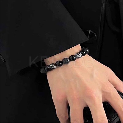 Natural Snowflake Obsidian & Lava Rock Round Beaded Stretch Bracelet GN5761-1-1
