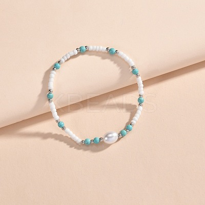 Bohemian Style Resin & Synthetic Turquoise & Rice Plastic Pearl Beaded Stretch Anklets for Women FS-WG314A7-01-1