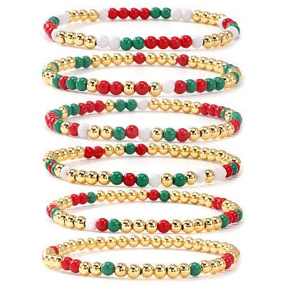 6Pcs Christmas Round Glass & Brass Beaded Stretch Bracelet Sets HE1918-2-1