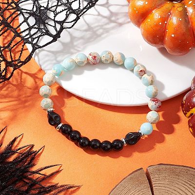 Synthetic Imperial Jasper & Turquoise & Painted Glass Beaded Stretch Bracelet for Women Men BJEW-JB12500-03-1