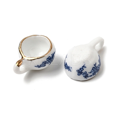 Floral Printed Blue and White Porcelain 3D Teacup Pendants with Gold Trim PORC-P036-01C-1