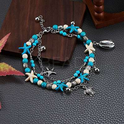 Synthetic Turquoise Beads Multi-strand Anklet AJEW-SW00008-1