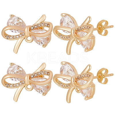5 Pair Brass Micro Pave Clear Cubic Zirconia Bowknot Stud Earring Findings KK-BBC0005-18-1