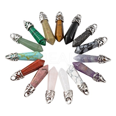 15Pcs 15 Style Natural & Synthetic Gemstone Pointed Pendants G-LS0001-75-1