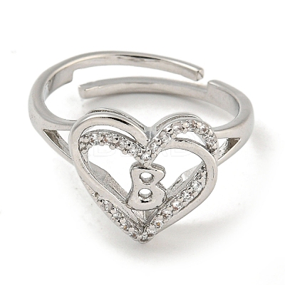 Heart with Letter Rack Plating Brass Micro Pave Clear Cubic Zirconia Adjustable Rings for Women RJEW-I105-01P-B-1
