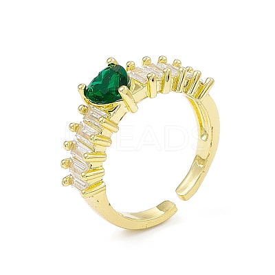Green Cubic Zirconia Heart Open Cuff Ring RJEW-I091-04G-1