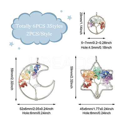 6Pcs 3 Styles 7 Chakra Natural Mixed Gemstone Chip Bigs Pendants FIND-FW0001-36-1