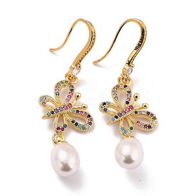 Butterfly with Imitation Pearl Beads Sparkling Cubic Zirconia Dangle Earrings for Her ZIRC-C025-31G-1