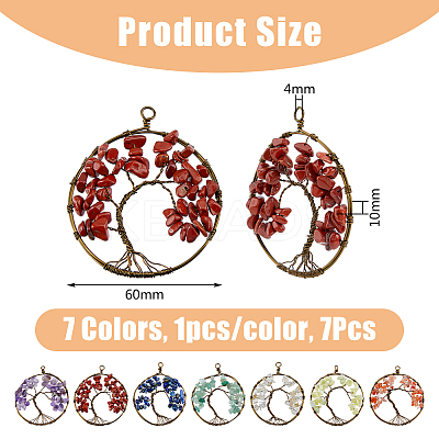 7 Chakra Copper Wired Wrapped Natural Mixed Gemstone Chip Big Pendants PALLOY-AB00196-1