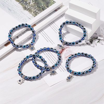 Resin Evil Eye Beaded Stretch Bracelet with Alloy Charm for Men Women BJEW-JB08216-1