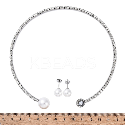 Round Plastic Imitation Pearl Stud Earrings & Cubic Zirconia and Rhinestone Cuff Choker Necklaces Sets SJEW-U003-03P-1