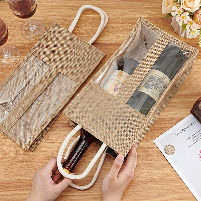 2-Slot Rectangle Linen Wine Storage Bags with Handle ABAG-WH0046-28B-1
