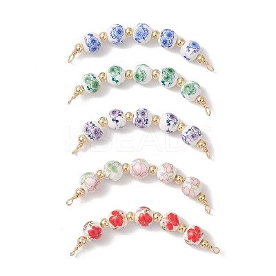 5Pcs 5 Colors Flower Printed Porcelian Round Beaded Connector Charms PALLOY-JF04161-1