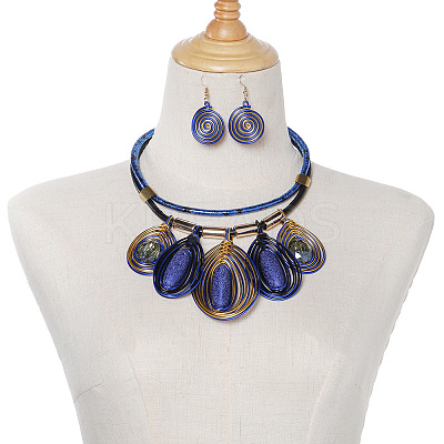 Aluminum Wire Wrapped Resin Beaded Oval Pendant Necklaces & Flat Round Dangle Earrings Sets WGF604D-02-1