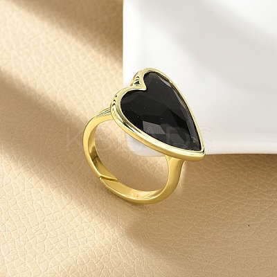 Heart Brass Natural Obsidian Finger Rings RJEW-D304-01G-G-1