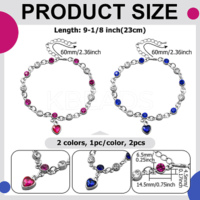 2Pcs 2 Colors Heart Alloy Rhinestone Charms Bracelets BJEW-HY0001-06-1