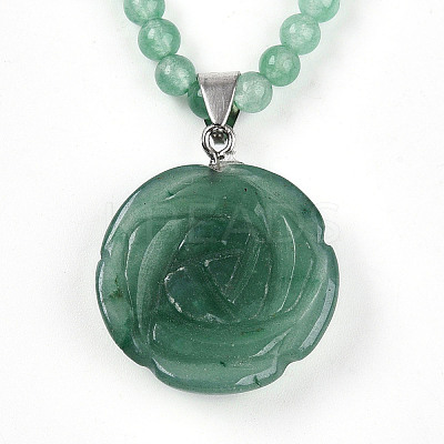 Natural Green Aventurine 4.5mm Round Beaded Flower Pendant Necklaces NJEW-T016-04F-1