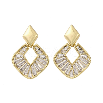 Rhombus Brass Micro Pave Clear Cubic Zirconia Dangle Stud Earrings EJEW-F373-02G-1