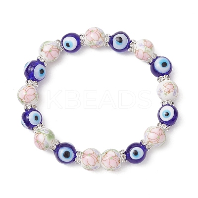 Handmade Flower Printed Porcelain Ceramic & Handmade Lampwork Evil Eye Beads Stretch Bracelets for Women BJEW-JB12105-03-1