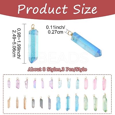 24Pcs 8 Styles Electroplated Natural Quartz Crystal Pendants PALLOY-YW00122-1