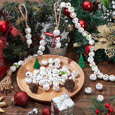 60Pcs 6 Styles Round Christmas Snowman Print Wood European Beads WOOD-PH0002-98-1