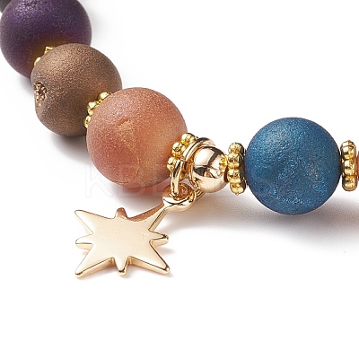 Natural Agate Round Beaded Stretch Bracelet with Brass Star Charm BJEW-JB08647-1