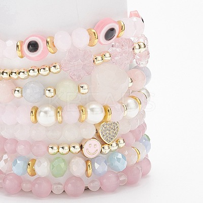 8Pcs 8 Style Mixed Gemstone & Shell Pearl & Cat Eye Stretch Bracelets Set BJEW-JB08782-1