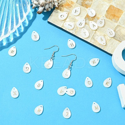 26Pcs 26 Styles Natural Shell Teardrop Charms with Golden Tone Metal Letter Slices SHEL-CJ0001-33-1