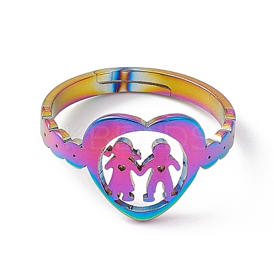 Ion Plating(IP) 201 Stainless Steel Heart with Lovers Adjustable Ring for Valentine's Day RJEW-K238-11M-1