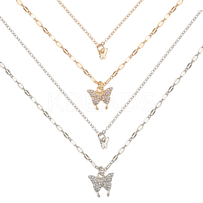2Pcs 2 Colors Crystal Rhinestone Butterfly Pendant Double Layer Necklaces Set NJEW-AN0001-23-1