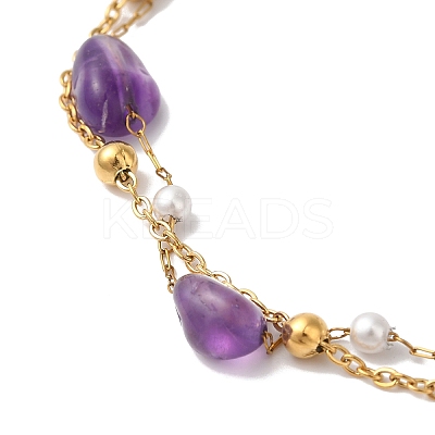 Nuggets Natural Amethyst & Imitation Pearl Multi-Strand Anklets BJEW-P326-02B-G-1
