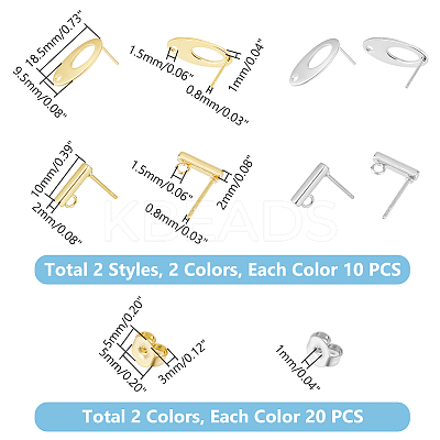 40Pcs 4 Style Rectangle & Oval 304 Stainless Steel Stud Earring Findings STAS-UN0054-35-1