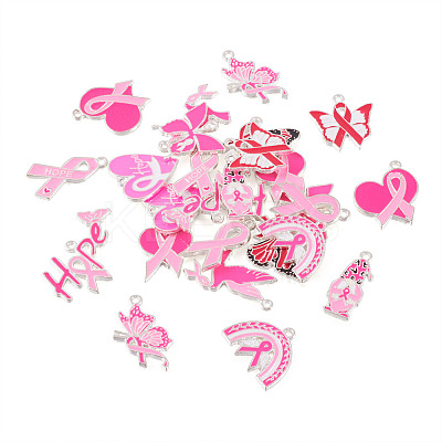 26Pcs 13 Styles Breast Cancer Pink Awareness Ribbon Theme Alloy Enamel Pendants ENAM-TA0001-93-1