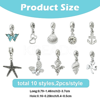 20Pcs 10 Styles Alloy Crystal RhinestoneEuropean Dangle Charms MPDL-YW0001-07-1