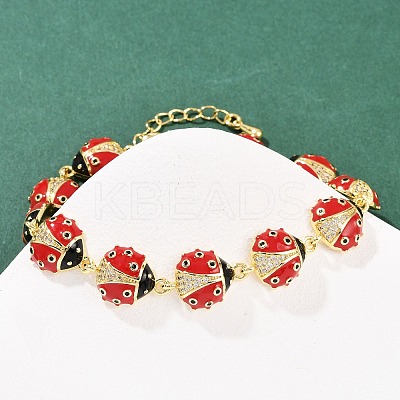 Brass Micro Pave Clear Cubic Zirconia with Enamel Red Ladybug Link Chain Bracelets for Women BJEW-L707-02G-1
