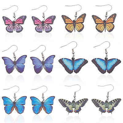 6 Pairs 6 Style Acrylic Butterfly Dangle Earrings EJEW-AN0001-07-1