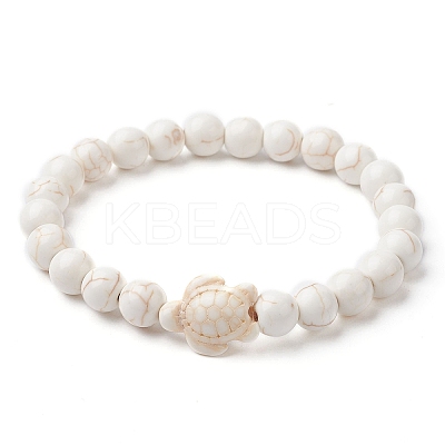 Synthetic Turquoise Round & Turtle Beaded Stretch Bracelet for Women BJEW-JB09700-03-1